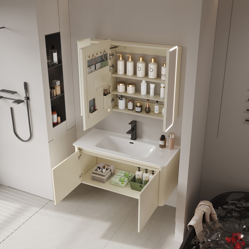 Modern Wall Mounted Aluminum Alloy Material Multi Layer Storage Sink PVC Bathroom Cabinet