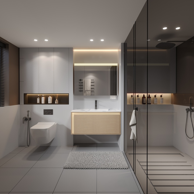 Modern Home Accessories PVC LED Light Bathroom Cabinet with Ceramic Basin