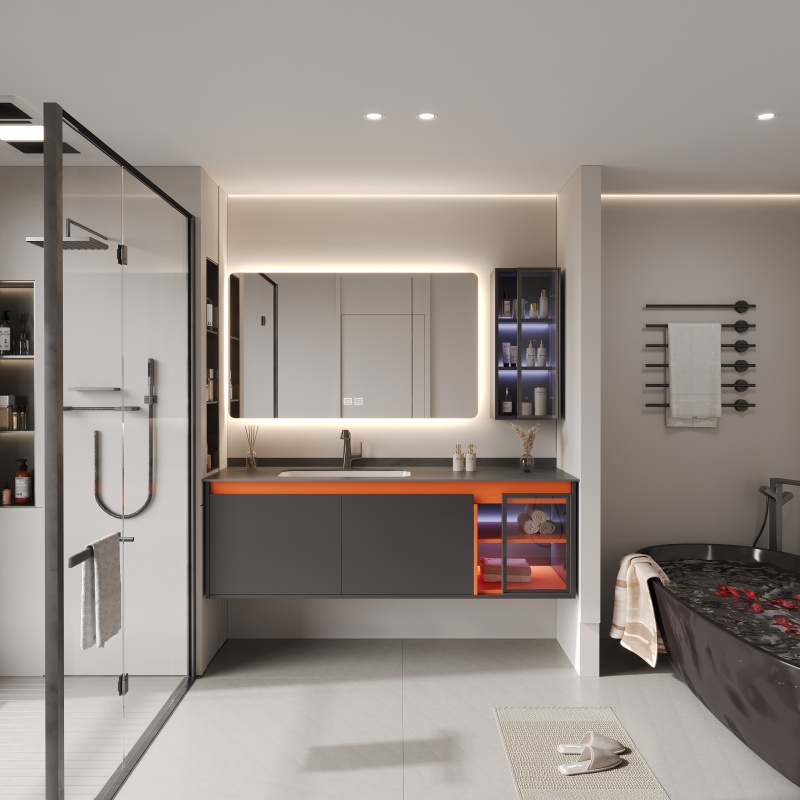 Modern Furniture Single Bathroom Vanity Cabinet with Integrated Stone Basin