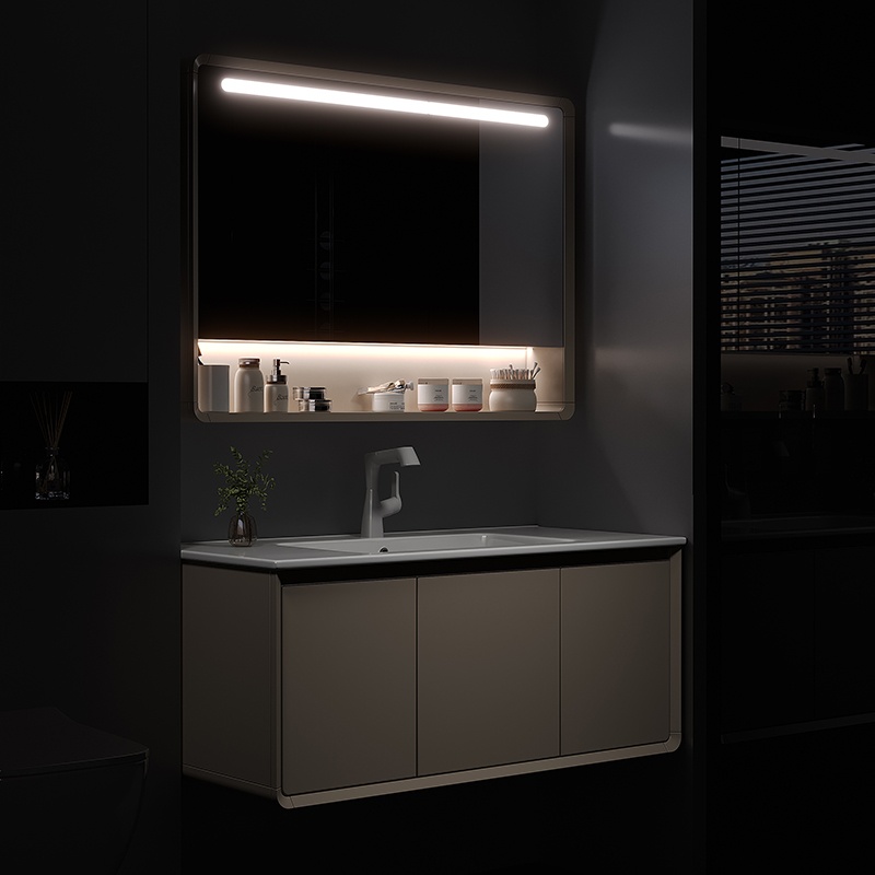 Elegant Home Furniture Sanitary Ware Vanity PVC Bathroom Cabinet with LED Light