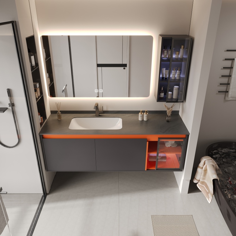 PVC Two-Drawer One-Door Bathroom Cabinet with Ceramic Basin or Glass Basin