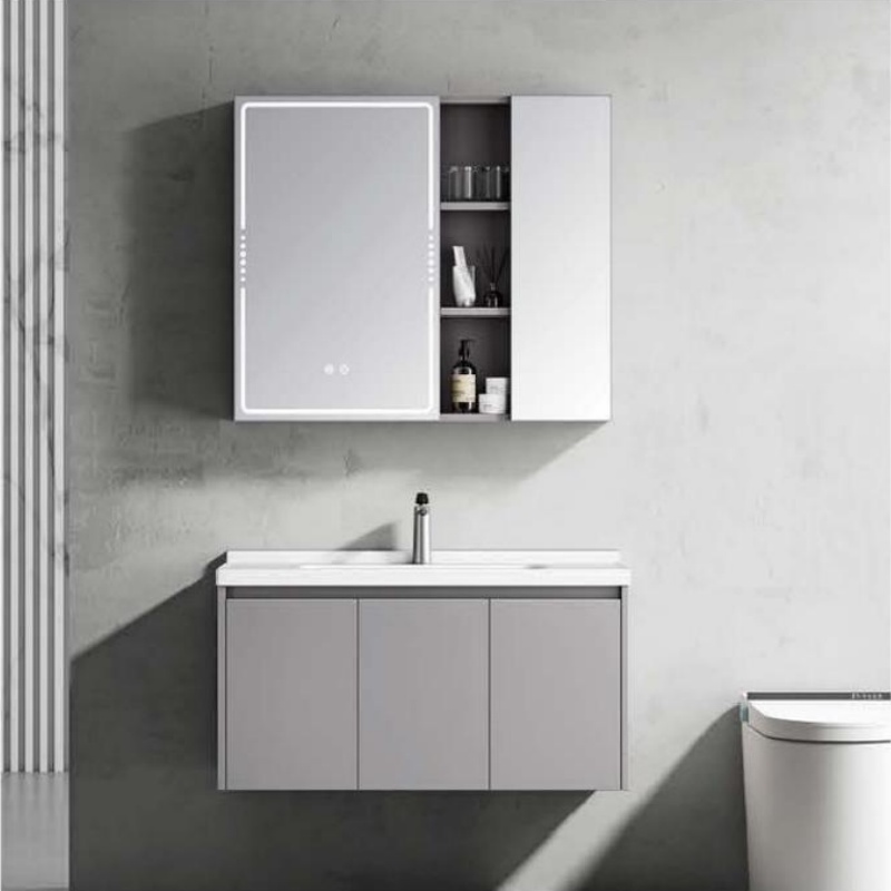 Functional Vanity Sanitary Ware Modern Design PVC Bathroom Cabinet with LED Light