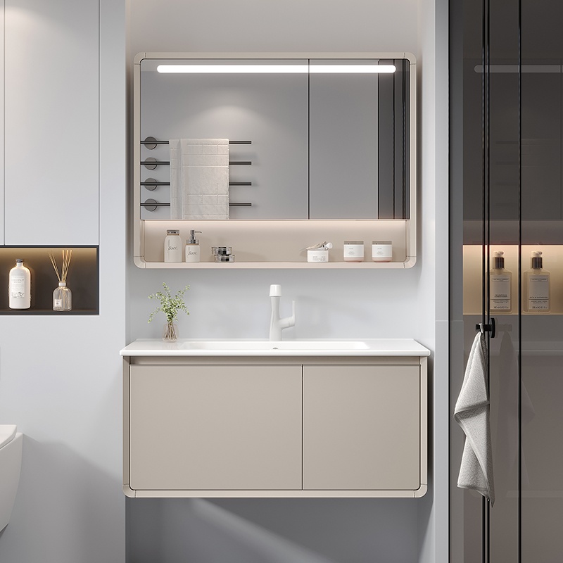 Elegant Home Furniture Sanitary Ware Vanity PVC Bathroom Cabinet with LED Light