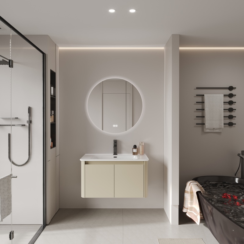 Variety Styles Light Grey Soft Close Sanitary Ware PVC Bathroom Cabinets with Mirror