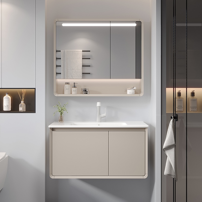 Elegant Home Furniture Sanitary Ware Vanity PVC Bathroom Cabinet with LED Light