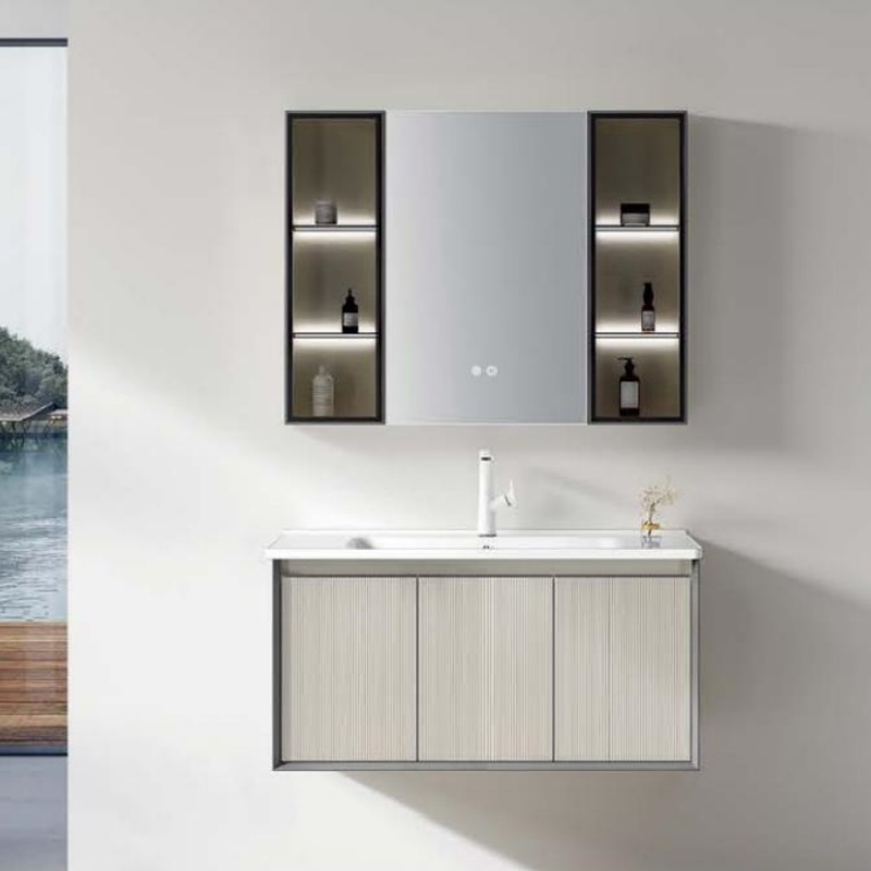 Elegant Home Furniture PVC LED Light Bathroom Cabinet with Ceramic Wash Basin