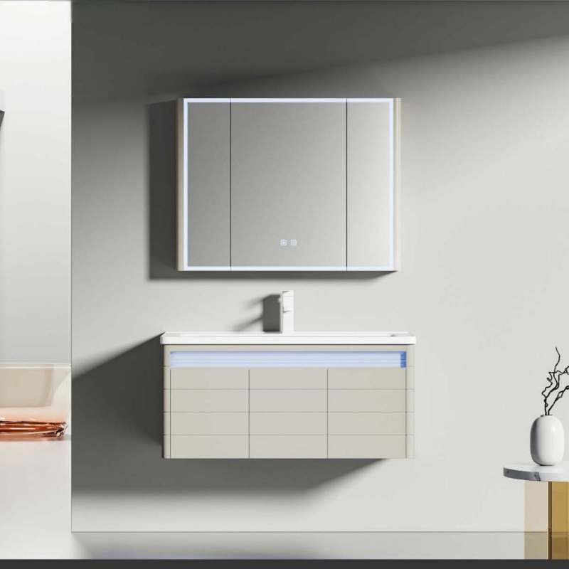 Stylish Home Furniture LED Light PVC Bathroom Cabinet with Ceramic Wash Basin