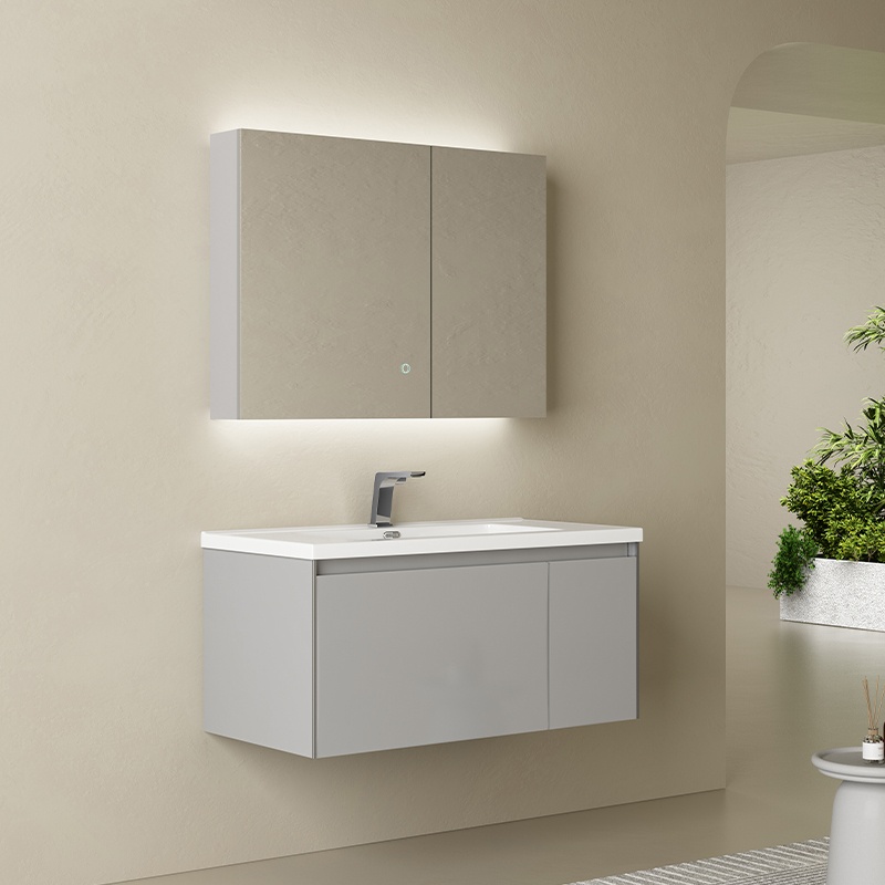 Sage Green Fluted Wall Mounted Grilled Small Bathroom Cabinet with Integrated Sink