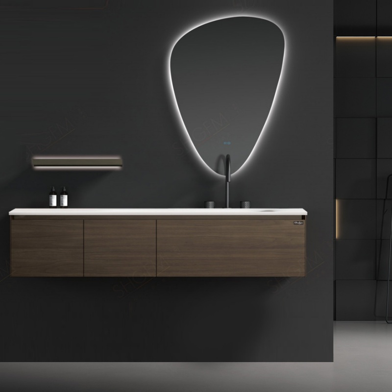Luxurious Rectangular Storage Cabinet Vanity Mirror Simple Light Pink Design Solid Wood Bathroom Cabinet