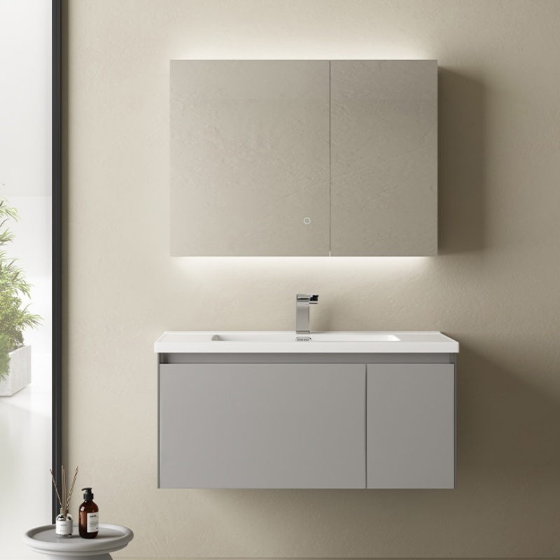 Modern Furniture Single PVC Bathroom Vanity Cabinet with Integrated Stone Basin
