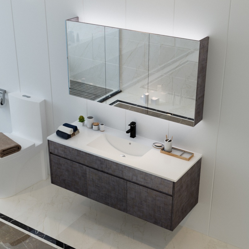 Modern Hanging Grilled Toilet PVC Bathroom Cabinet Vanity Set with Mirror