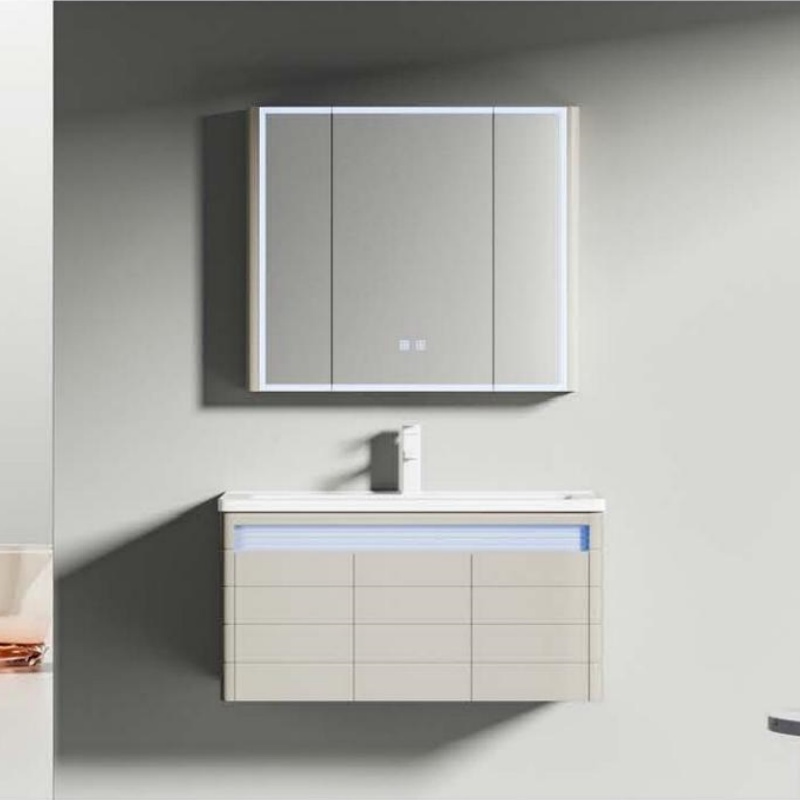 Elegant Home Furniture PVC LED Light Bathroom Cabinet with Ceramic Wash Basin