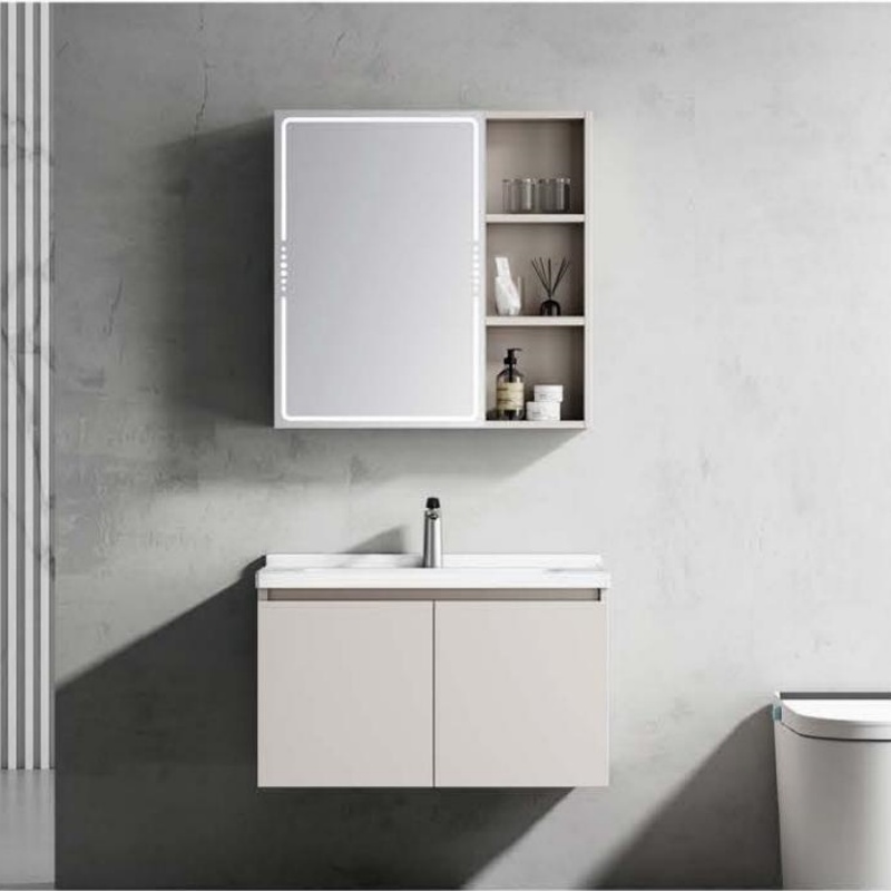 Functional Vanity Sanitary Ware Modern Design PVC Bathroom Cabinet with LED Light