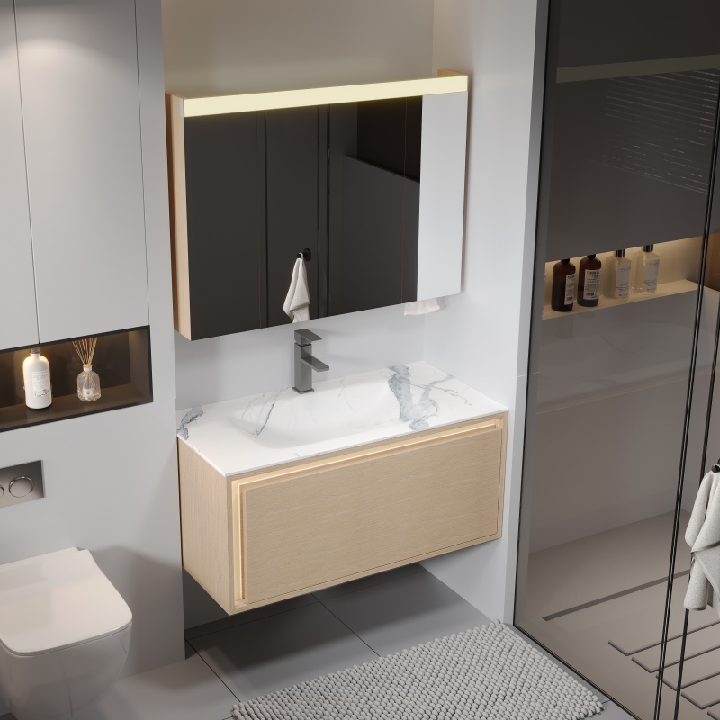 Modern Home Accessories PVC LED Light Bathroom Cabinet with Ceramic Basin