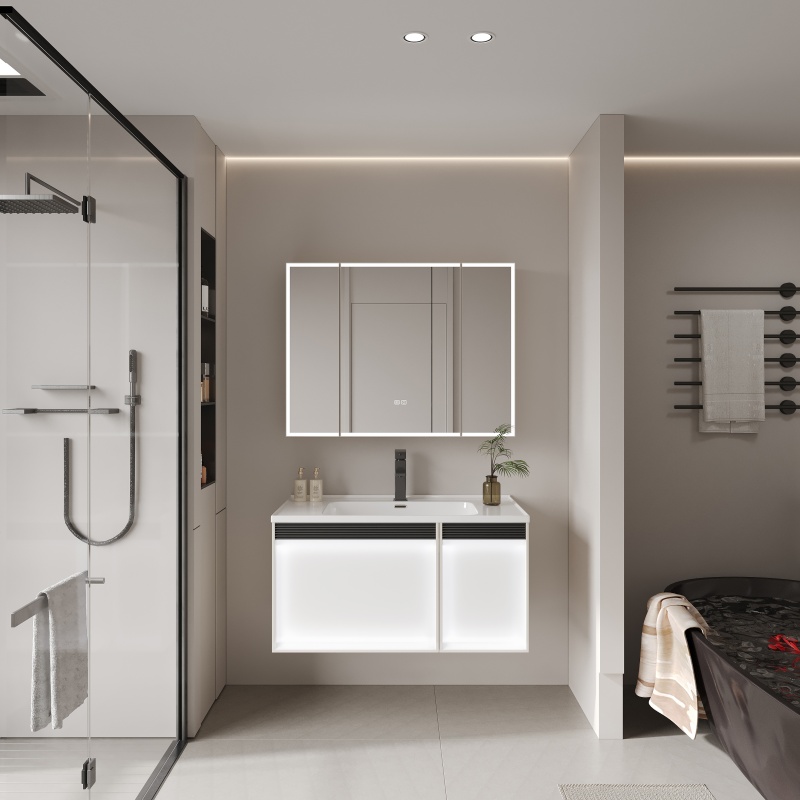 Luxury Modern Home PVC Furniture Curved Integrated Wash Basin Sink Bathroom Cabinet