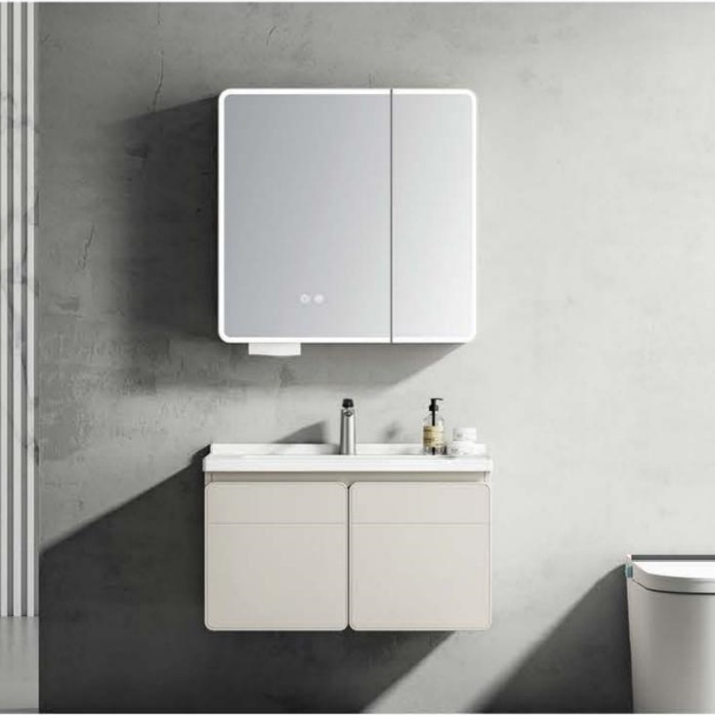 Functional Vanity Sanitary Ware Modern Design PVC Bathroom Cabinet with LED Light