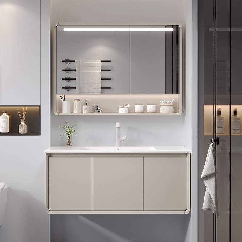 Elegant Home Furniture Sanitary Ware Vanity PVC Bathroom Cabinet with LED Light
