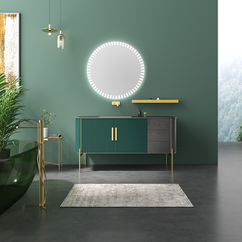 Luxurious Rectangular Storage Cabinet Vanity Mirror Simple Light Pink Design Solid Wood Bathroom Cabinet