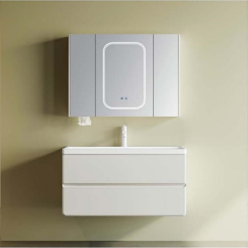 Stylish Home Furniture LED Light PVC Bathroom Cabinet with Ceramic Wash Basin