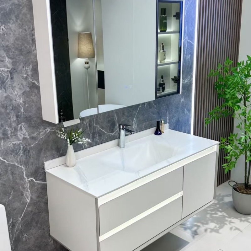Costom Macaron Colors MDF Bathroom Cabinet Furniture Vanity Set with LED Mirror