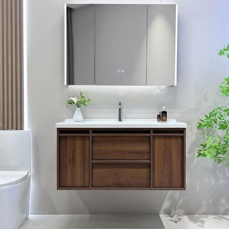 Matt Color MDF PVC-Coated Large-Space Storage Drawer Wall-Mounted Bathroom Cabinet Furniture with LED Mirror