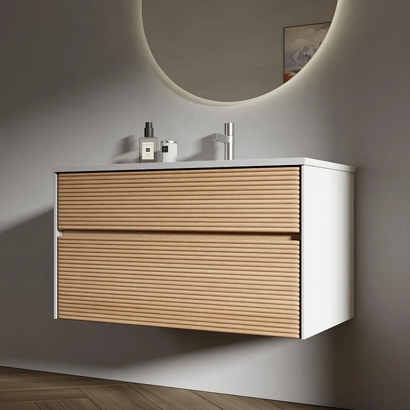 Modern Large Capacity MDF Grille Laminated Bathroom Cabinet with Double LED Mirrors