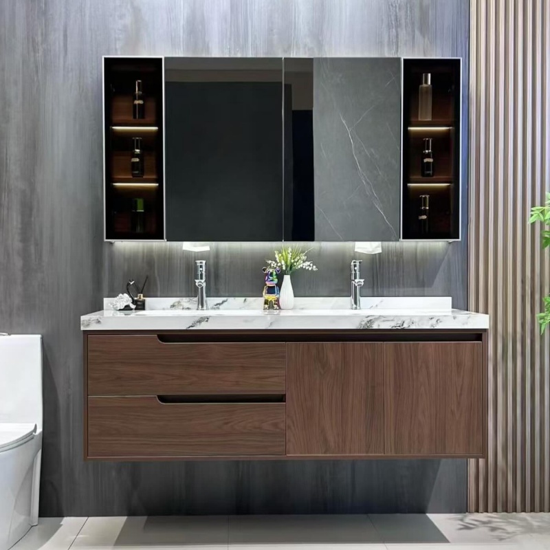 Matt Color MDF PVC-Coated Large-Space Storage Drawer Wall-Mounted Bathroom Cabinet Furniture with LED Mirror