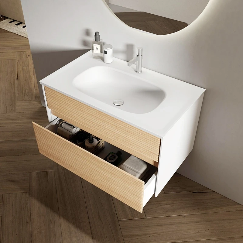 Costom Macaron Colors MDF Bathroom Cabinet Furniture Vanity Set with LED Mirror
