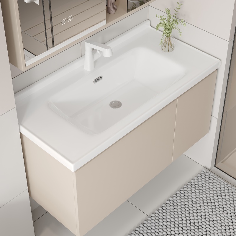 Silver Gray Bathroom Vanity Set with Radar Sensor LED Antifog Carbon Fiber Mirror Cabinet