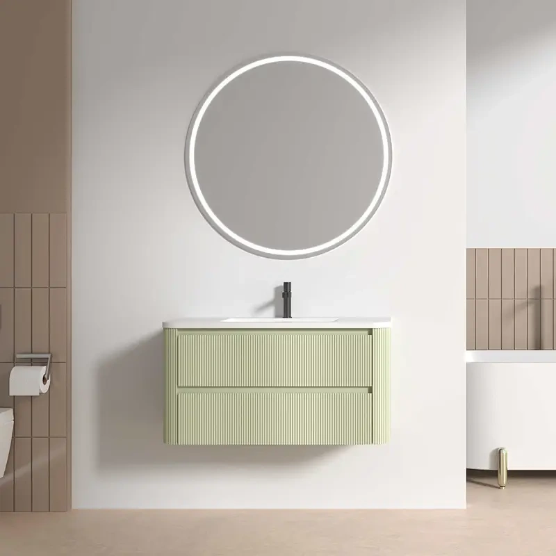 Matt Color MDF PVC-Coated Large-Space Storage Drawer Wall-Mounted Bathroom Cabinet Furniture with LED Mirror