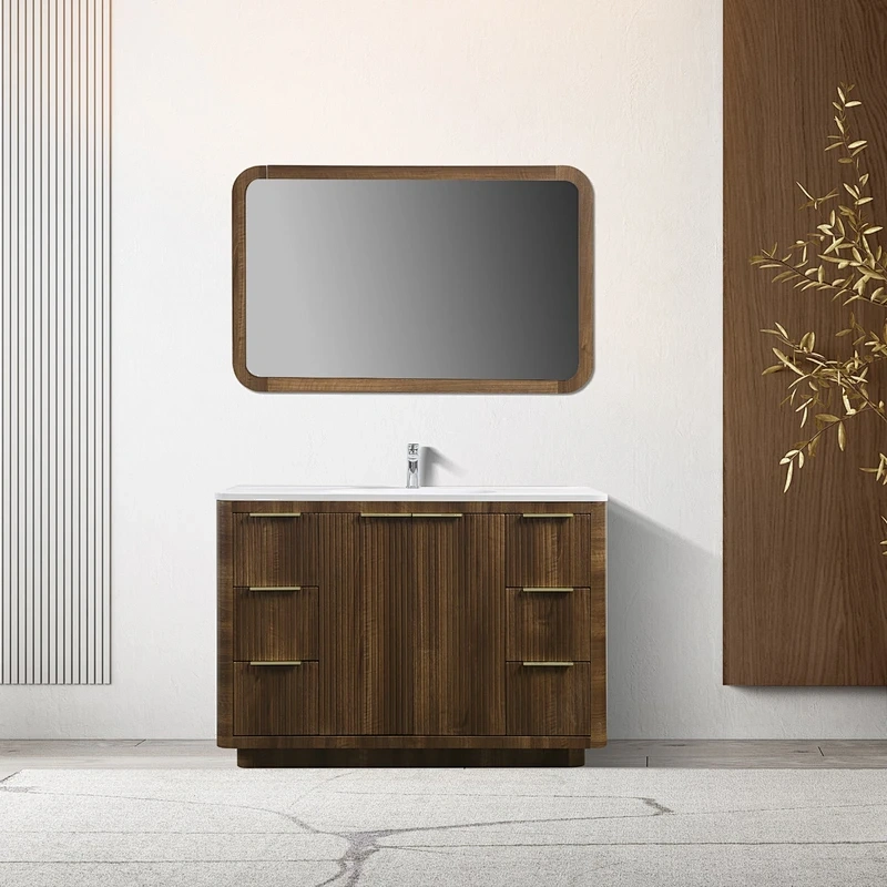 Costom Macaron Colors MDF Bathroom Cabinet Furniture Vanity Set with LED Mirror