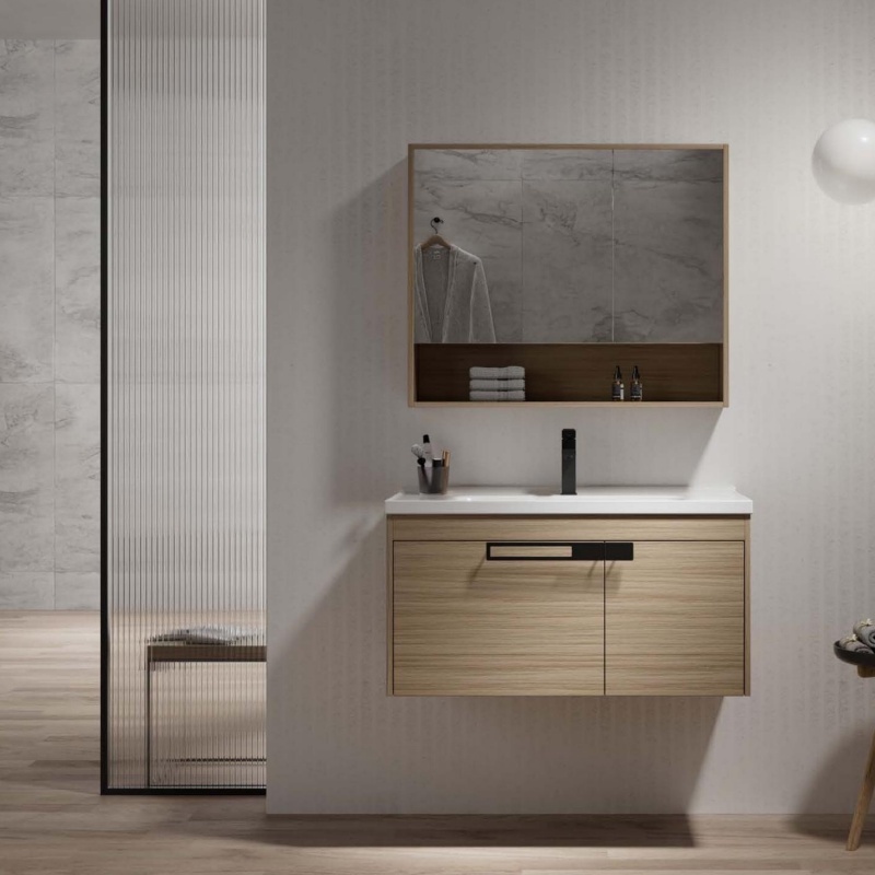 French Style with LED Light Basin Double Door PVC Bathroom Cabinet