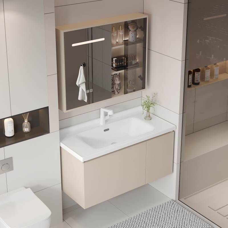 Silver Gray Bathroom Vanity Set with Radar Sensor LED Antifog Carbon Fiber Mirror Cabinet