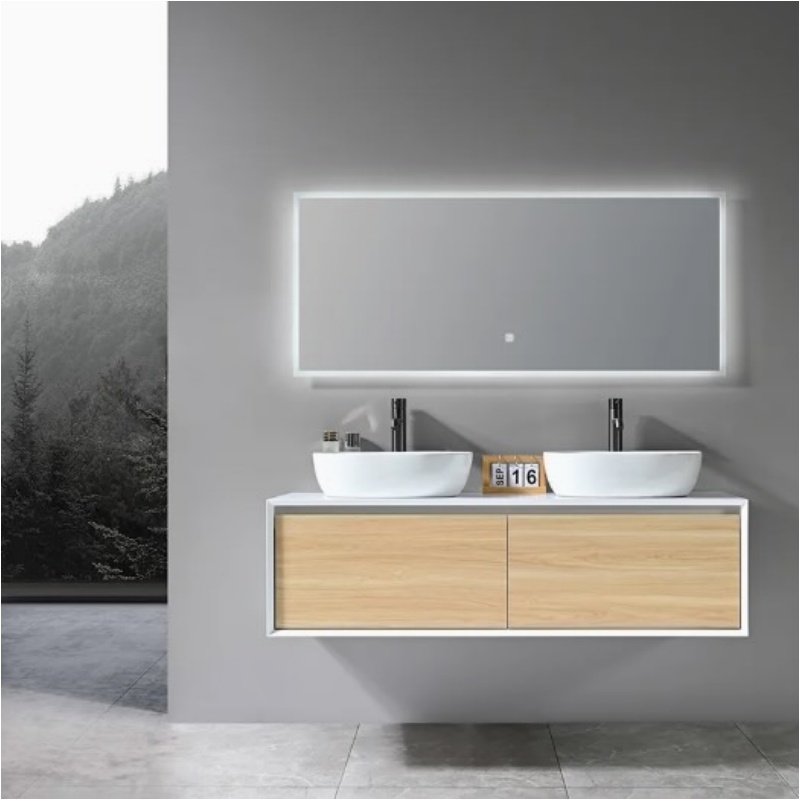 Modern Large Capacity MDF Grille Laminated Bathroom Cabinet with Double LED Mirrors