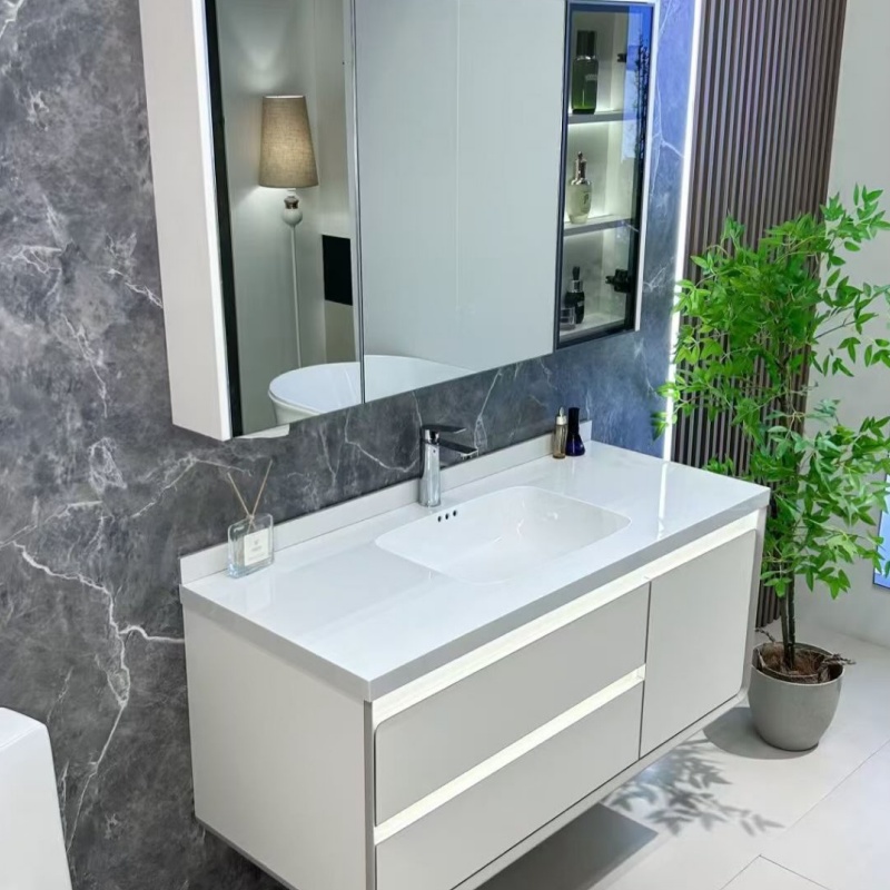 Costom Macaron Colors MDF Bathroom Cabinet Furniture Vanity Set with LED Mirror