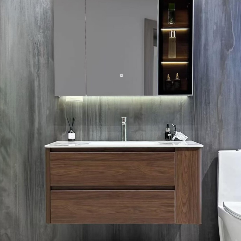 Matt Color MDF PVC-Coated Large-Space Storage Drawer Wall-Mounted Bathroom Cabinet Furniture with LED Mirror