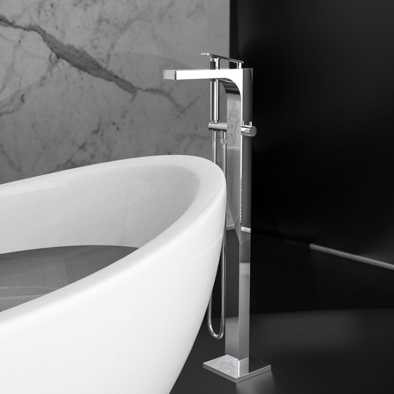 Freestanding Silver Square Flat Head Waterfall Bathtub Faucet