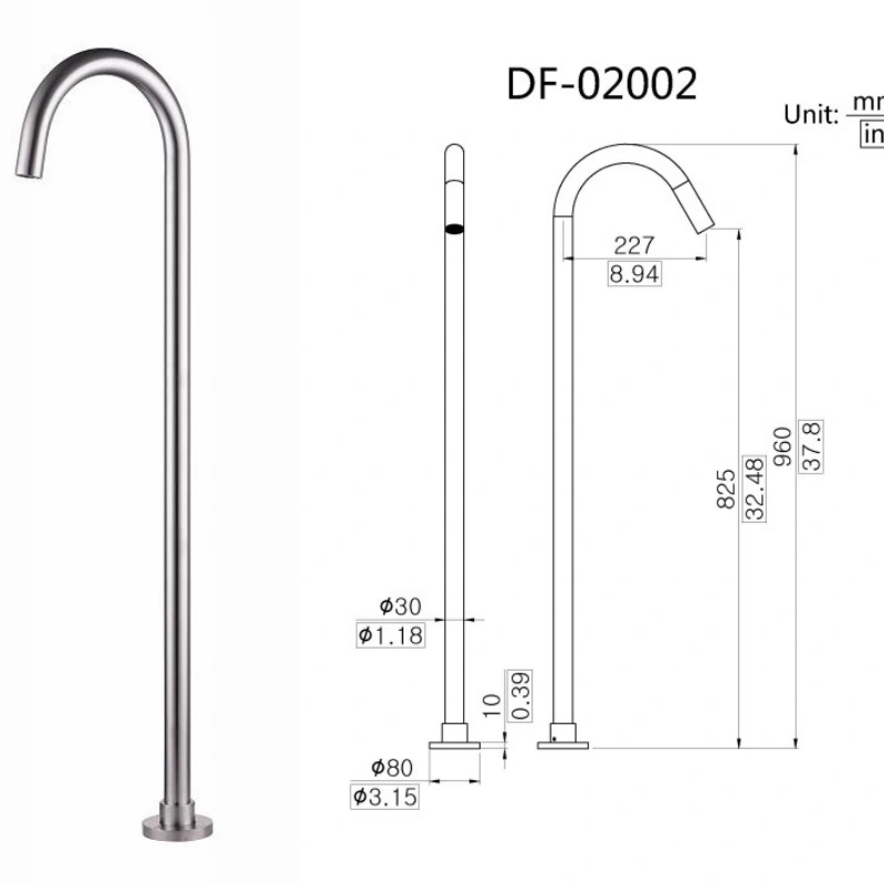 Freestanding Silver Square Flat Head Waterfall Bathtub Faucet